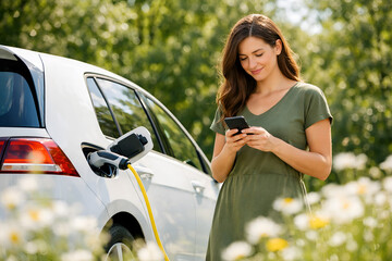 Smiling woman using smartphone app while charging white electric car in sunny nature setting with flowers
