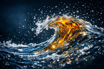 Close-up dramatic ocean wave crashing with golden sunlight reflections and splashing water droplets against a dark blue background