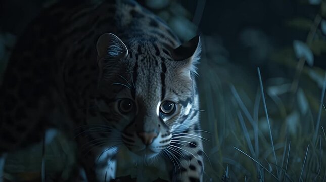 Mesmerizing Ocelot Staring with Intense Eyes in a Mystical Jungle Night, a Glimpse into the Wild's Nocturnal Majesty and Primal Beauty