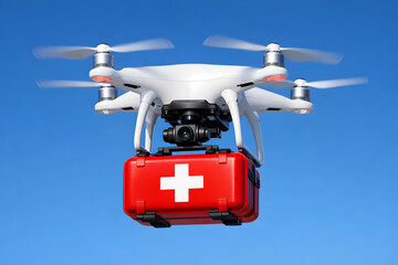 Quadcopter drone flying in blue sky carrying a red medical response box with a white cross