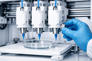 Close-up of scientist's gloved hand adjusting a knob on a three-nozzle 3D bioprinter over a petri dish in a laboratory
