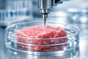 Close-up of 3D printed lab-grown meat being created by a robotic nozzle in a petri dish in a laboratory
