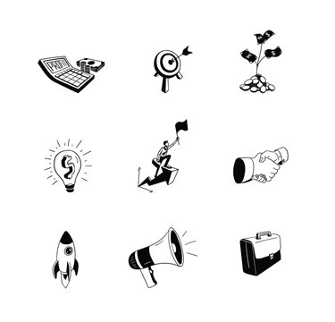 Business Doodle icon Set, hand drawn finance symbols, invsetment clip art, startup money magement business presentation kit vector illustration