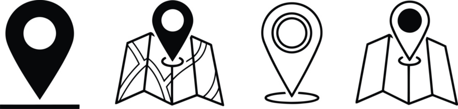 Four location pin and map markers on a folded map in black and white line Keywords: location