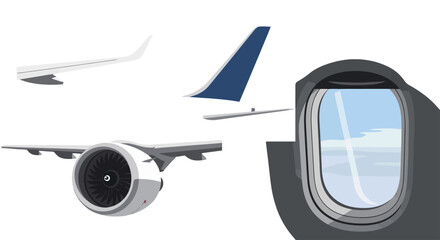 Fototapeta premium Deconstructed airplane parts illustration wing engine tail fin and window with sky view.