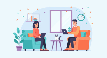 Two people work on laptops in a cozy room with a cat