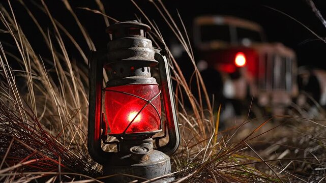 Close up of an old kerosene lantern with red glow in a field