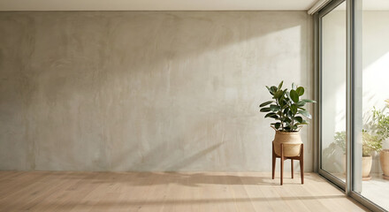 Empty modern room interior with blank beige wall, wooden floor, and large potted plant next to panoramic window with curtains
