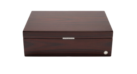 Elegant brown wooden humidor box isolated PNG, cigar storage container for tobacco products and accessories on transparent background