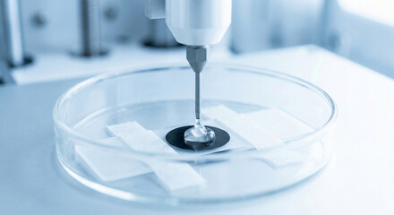 Scientific nozzle dispensing clear liquid drop onto black material sample on a slide in a petri dish, bioprinting concept