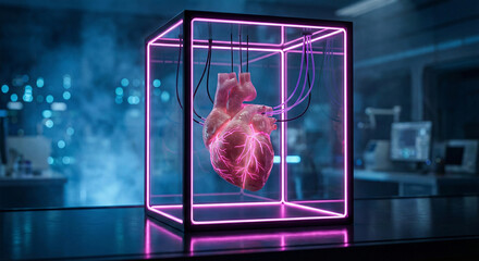 Realistic artificial human heart suspended by wires inside a futuristic glass cube with glowing pink neon lights and smoke in laboratory, artificial organs bioprinting concept
