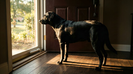 Side view of black Labrador Retriever dog standing indoors on wooden floor looking out a glass door with sunlight shadows