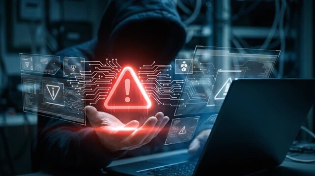 Hacker cyber security data breach warning alert malware threat digital danger glowing hologram dark server room atmosphere cyber attack warning symbol over laptop computer network digital threat alert