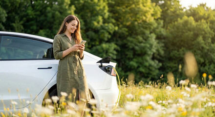 Smiling woman using smartphone while charging white electric car in sunny nature setting with flowers
