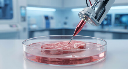 Robotic arm 3D printing a lab-grown meat steak in a petri dish in a modern laboratory