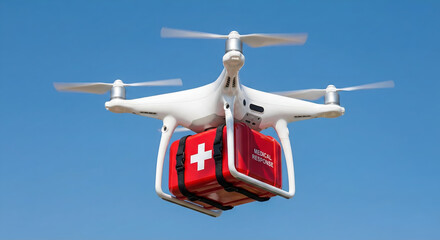 White quadcopter drone flying in blue sky carrying a red medical response box with a white cross