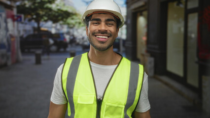 Man engineer wearing white hardhat helmet and reflective neon vest smiling on busy street; optimism.