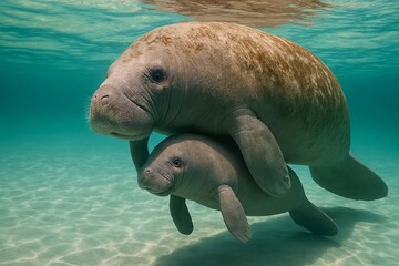 Naklejka premium Underwater photo of a mother manatee swimming with her calf in clear, shallow water. Peaceful marine life scene showcasing maternal care in nature and the beauty of aquatic wildlife. 
