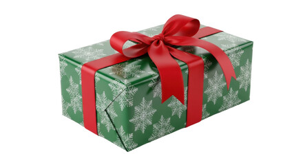 Obraz premium Green Christmas gift box with red ribbon isolated PNG, present wrapped in snowflake paper for holiday celebration and festive occasions