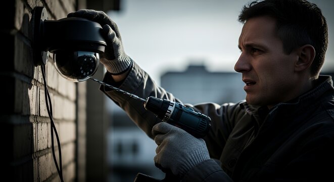Technician installing CCTV camera on wall outdoors closeup cctv security safety system monitoring surveillance guard protection control camera digital technology secure