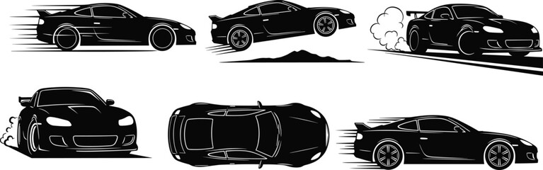 Black silhouette collection of sports cars racing drifting jumping and top view perspective isolated on white background for automotive speed and performance design projects © MdMehedi