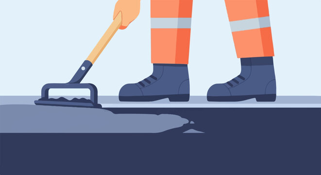 Worker using a tool to smooth a dark, wet surface