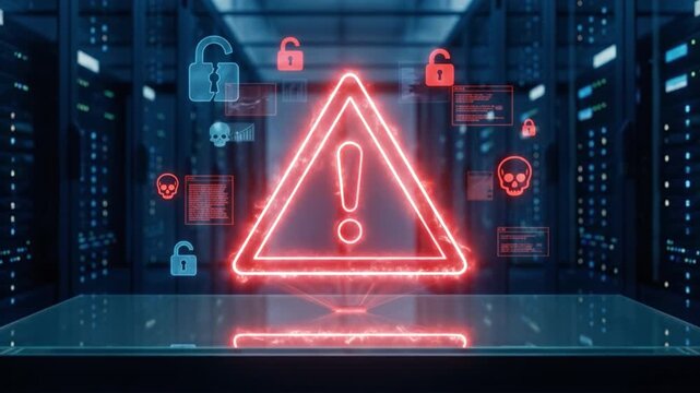 Cyber security data breach digital warning alert symbol server room network cyber attack firewall data protection hacking malware cyber threat encryption digital lock exclamation mark neon sign