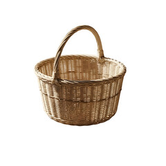 Obraz premium empty decorative basket on wooden floor, natural daylight, soft lifestyle shadows, professional stock photography