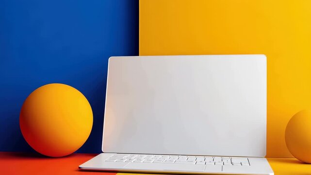 Camera push in on blank white laptop screen on bold blue yellow and red geometric studio set