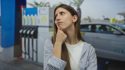 Young hispanic woman with hand on chin by fuel pump beside parked car at street petrol station  thinking. © Krakenimages.com