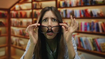 Woman lifts black frame glasses with wide eyes amid colorful bookshelves in modern library aisle  surprise curiosity wonder confusion. © Krakenimages.com