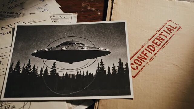 Confidential UFO Investigation Files with Photo of Flying Saucer Over Forest