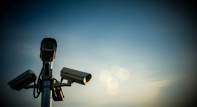 Security cctv cameras in front of blue sky cctv security safety system monitoring surveillance guard protection control camera digital technology secure