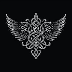 Obraz premium Detailed black and white Celtic knot illustration featuring a winged serpent symbol, inspired by ancient mythology, strength, protection and spiritual balance