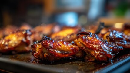 Deliciously glazed poultry portions rest hot on a dark surface.