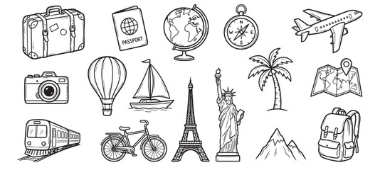 Fototapeta premium Travel Icon Set Hand Drawn Sketch Style with Landmarks, Passport, Suitcase and Transportation