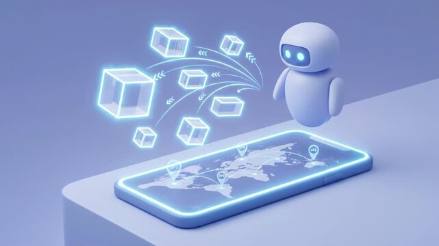 Futuristic robot artificial intelligence smartphone hologram data digital network map 3d hologram technology cloud storage mobile device blue background navigation gps location pin global internet