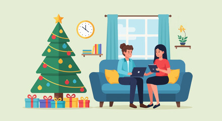 Two women use laptops while sitting on a sofa near a decorated Christmas tree and presents