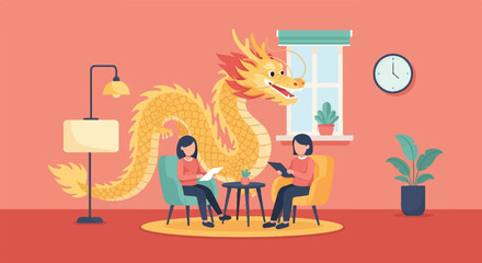 Obraz premium Two people sit with a dragon behind them in a room with a lamp and plants