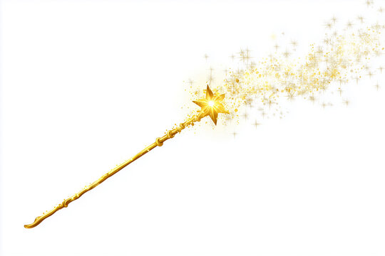 Magic wand with golden star and glowing shiny trail on white background. Fantasy wizard spell stick with glow wave trace. Fairytale magician rod with twinkle streak.	