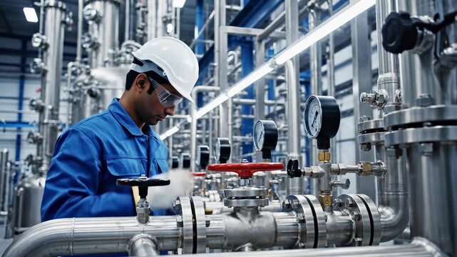 Engineer inspecting valves in industrial plant. Technician performs maintenance on piping systems. Safety and efficiency are priorities in modern manufacturing.
