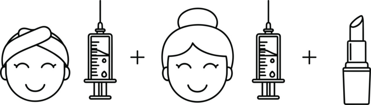 Beauty treatment process icons with smiling woman face syringe injections and cosmetic product bottle minimal outline vector illustration