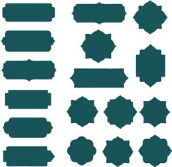 Fototapeta premium Teal Architectural Badge and Frame Set: Elongated Geometric Labels, Ornate Starburst Silhouettes, and Professional Scalloped Frame Icons
