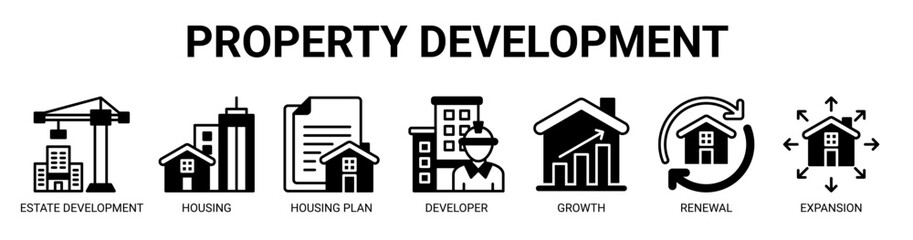 Property Development web banner icon vector illustration concept with icon of estate development, housing, housing plan, developer, property growth, renewal, and expansion.