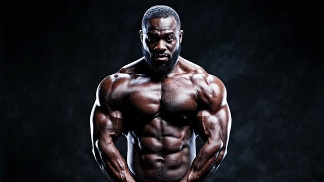 A muscular dark-skinned man with a focused expression showcasing his physique in a dark background with a dramatic lighting effect for a fitness concept.