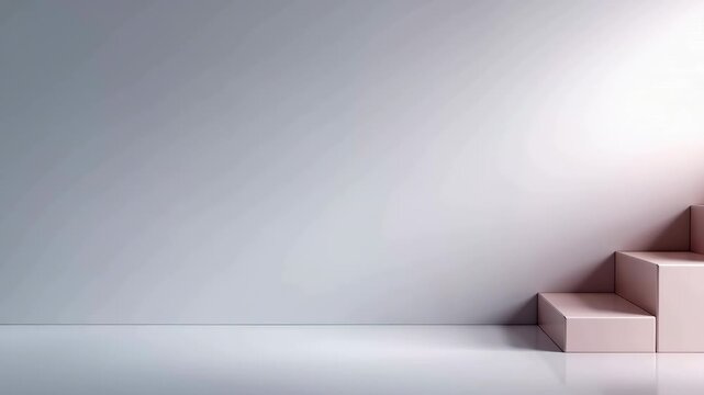 Minimal pastel pink podium steps slide off frame on glossy studio background with soft spotlight