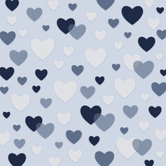 ハートのシンプルパターン（ブルー）ー 落ち着いたブルー系カラーでまとめた、やさしく上品なシームレスなハートパターン。デザインペーパー、ポストカード、マスキングテープ、マスキングシールブックタイプ、フレークシール、ノートの表紙、クリアファイル、ハンカチ、ミニタオル、箸、マグカップ、皿、キッチンクロス、カラトリー、キッチン雑貨、ボールペン、ペンケース、ポーチに最適。