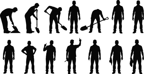 Construction worker silhouette set, manual labor icon illustration, shovel hammer wrench poses, industrial workforce graphic pack, black and white artwork © afjal