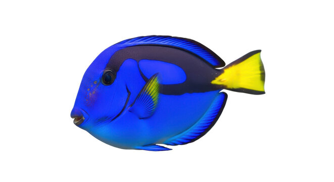 Vibrant blue tang fish isolated PNG, a colorful tropical reef fish with yellow tail on transparent background for marine life designs