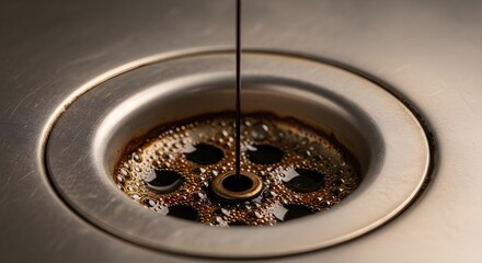 Pouring Dark Liquid Down Drain With Metal Grate in a Stainless Steel Sink